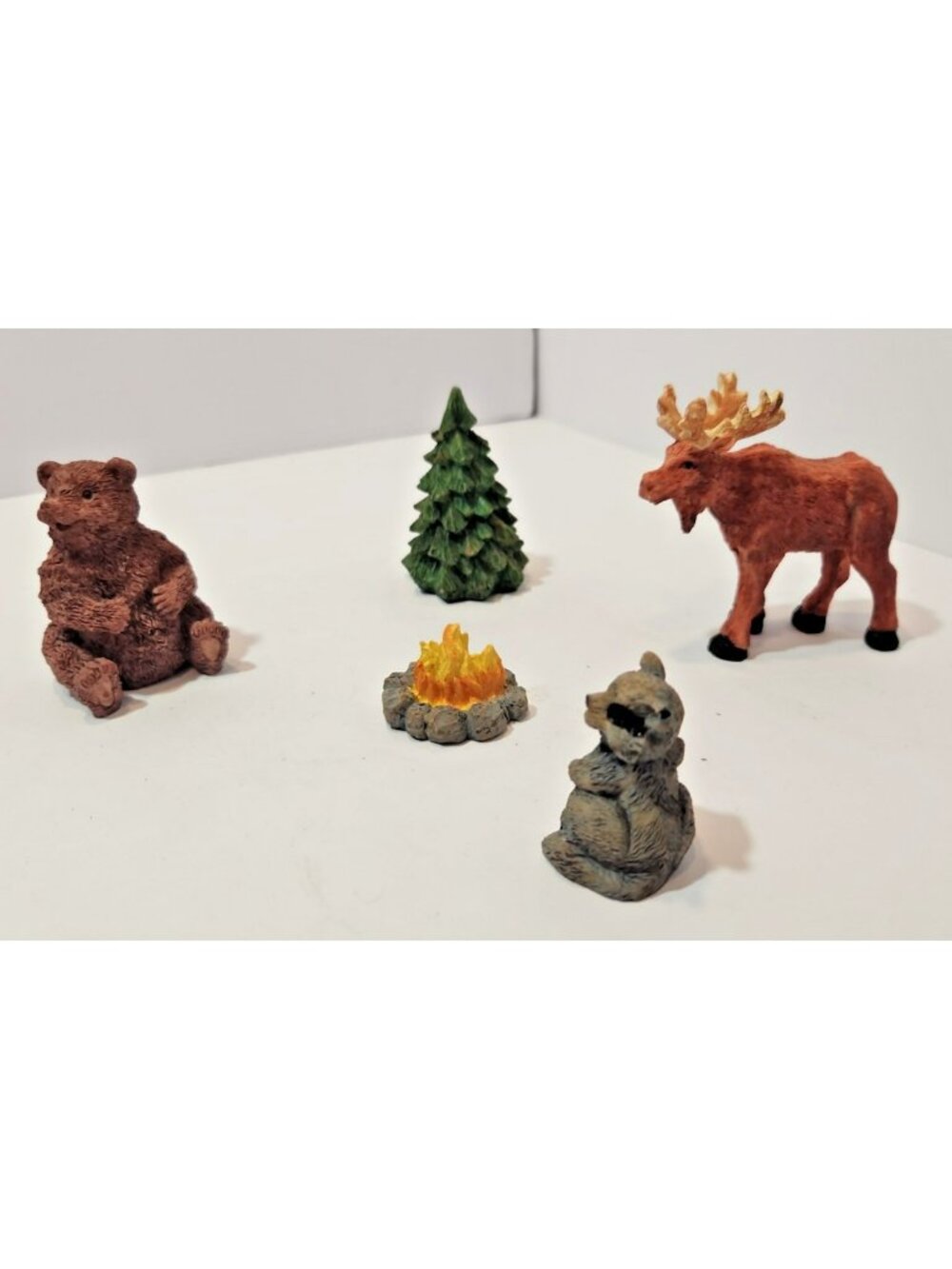 Vtg Set of 5 Small Resin Woodland Animals Around a Fire Bear Raccoon Moose Tree